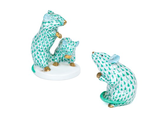  Two Herend Mice Figures In Green Fishnet Pattern 