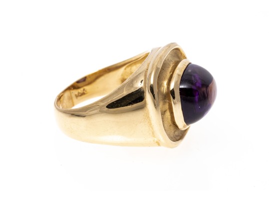 14k Yellow Gold Wide Horizontal Sugarloaf Amethyst Contemporary Ring, Size 6.75