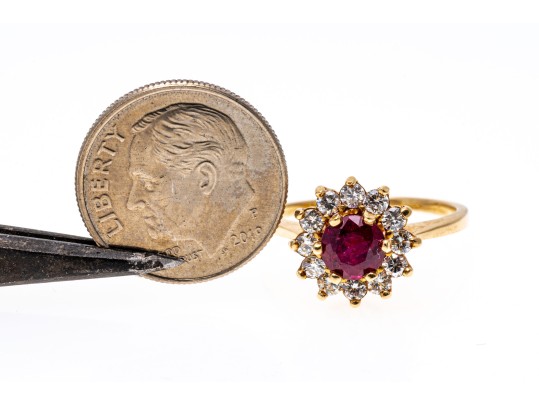 14k Yellow Gold Round Ruby Cluster And Diamond Halo Ring, Size 6.5