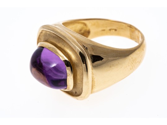 14k Yellow Gold Wide Horizontal Sugarloaf Amethyst Contemporary Ring, Size 6.75