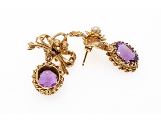 Charming Bow 14K Amethyst And Pearl Earrings