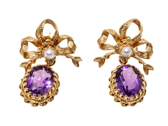Charming Bow 14K Amethyst And Pearl Earrings