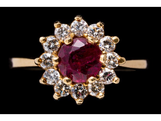14k Yellow Gold Round Ruby Cluster And Diamond Halo Ring, Size 6.5
