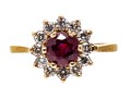 14k Yellow Gold Round Ruby Cluster And Diamond Halo Ring, Size 6.5