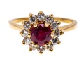 14k Yellow Gold Round Ruby Cluster And Diamond Halo Ring, Size 6.5