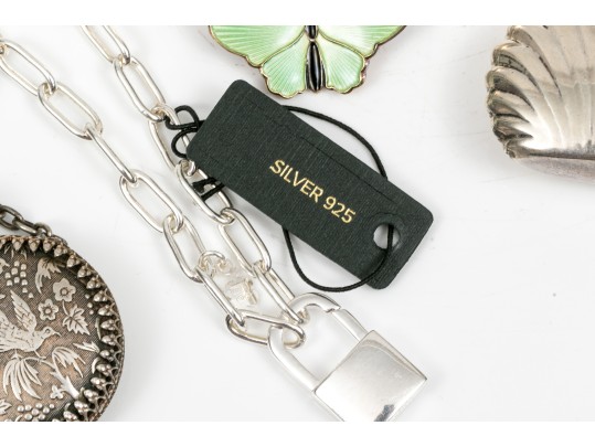 Sterling Perfume Bottles Necklace And Enamel Brooch