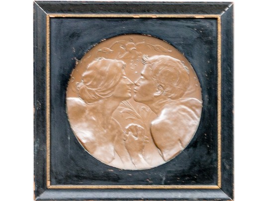 Attrib. Hans Christiansen (Germany, 1866-1945) Art Nouveau Hammered Copper Medallion, Lovers