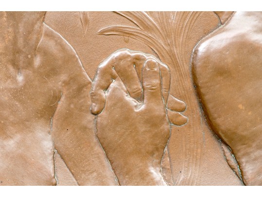 Attrib. Hans Christiansen (Germany, 1866-1945) Art Nouveau Hammered Copper Medallion, Lovers