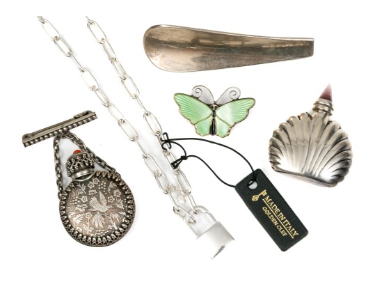 Sterling Perfume Bottles Necklace And Enamel Brooch