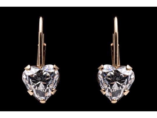 14k Yellow Gold Pendant Earrings With Heart Shaped Brilliant Cut CZ Drops