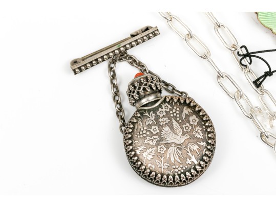 Sterling Perfume Bottles Necklace And Enamel Brooch