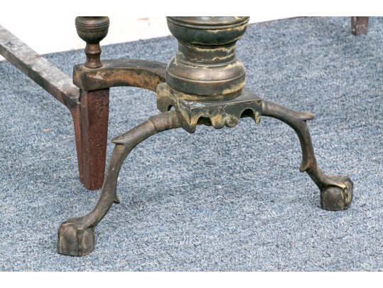 Pair Of Vintage Brass And Iron Andirons On Ball And Claw Feet.