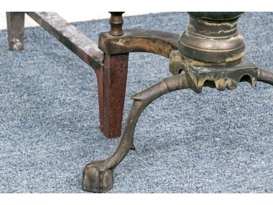 Pair Of Vintage Brass And Iron Andirons On Ball And Claw Feet.