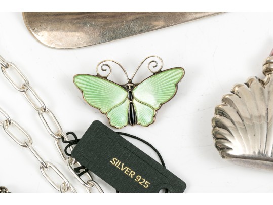 Sterling Perfume Bottles Necklace And Enamel Brooch