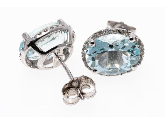 Petite Pale Aquamarine And Diamond 14K White Gold Stud Earrings