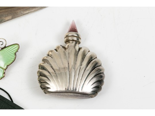 Sterling Perfume Bottles Necklace And Enamel Brooch