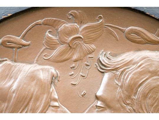 Attrib. Hans Christiansen (Germany, 1866-1945) Art Nouveau Hammered Copper Medallion, Lovers
