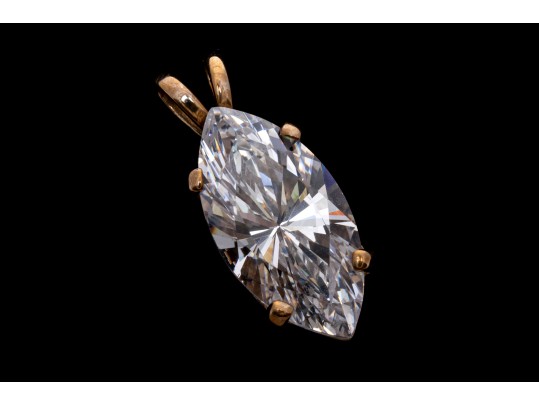 10k Yellow Gold Classic Solitaire, Marquise Shaped, Clear White Brilliant CZ Stone Pendant