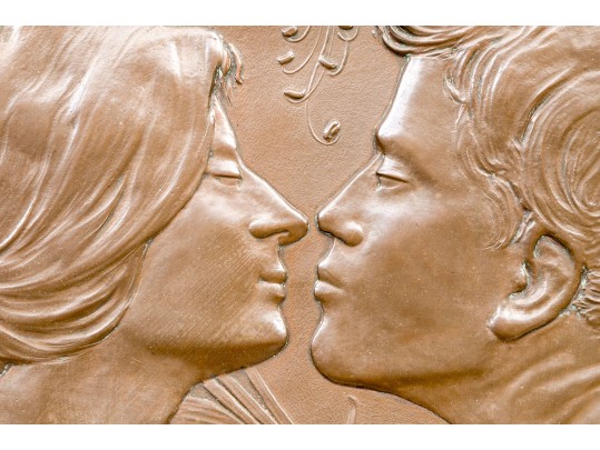 Attrib. Hans Christiansen (Germany, 1866-1945) Art Nouveau Hammered Copper Medallion, Lovers