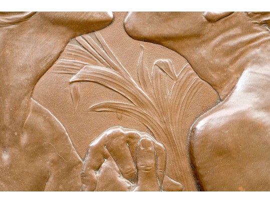 Attrib. Hans Christiansen (Germany, 1866-1945) Art Nouveau Hammered Copper Medallion, Lovers