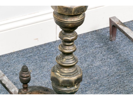 Pair Of Vintage Brass And Iron Andirons On Ball And Claw Feet.