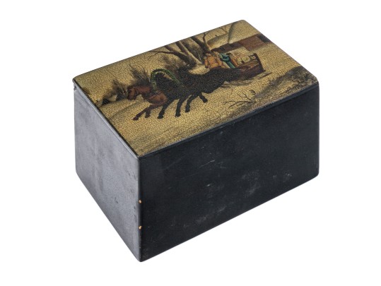 Russian Antique Classic Rectangular Folk Art Black Lacquer Box, Troika Themed