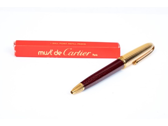 Cartier Iconic Ribbed Marbled Burgundy Composite And Gold Tone Ballpoint Pen