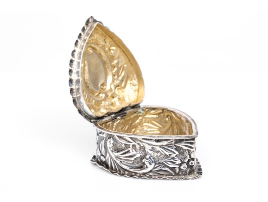 Antique Sterling Silver Beautiful Repousse Hinged Heart Shaped Box, Birmingham, 1898