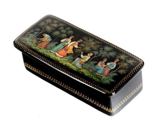 Russian Hand Painted Black Lacquer Box Women Picking Fruit