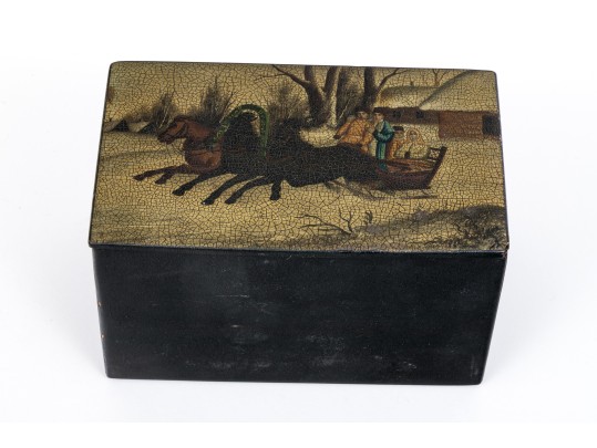 Russian Antique Classic Rectangular Folk Art Black Lacquer Box, Troika Themed