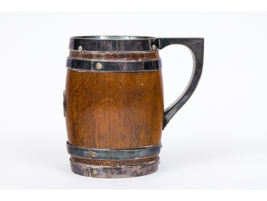 Thomas Harwood & Sons Handsome Oak And Silver Plate Tankard, Pre-1896