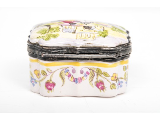 Antique Mid 19th Century Charming Hinged Battersea Box, Horse And Rider Motif