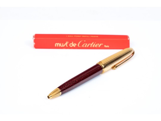 Cartier Iconic Ribbed Marbled Burgundy Composite And Gold Tone Ballpoint Pen