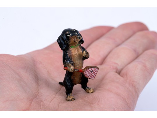 Sweet Diminutive Vintage Austrian Cold Painted Bronze Standing Dachshund With Racquet