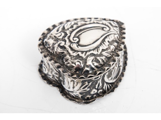 Antique Sterling Silver Beautiful Repousse Hinged Heart Shaped Box, Birmingham, 1898