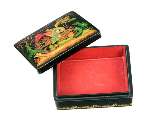 Russian Stunning Folk Art Black Lacquer Box, 