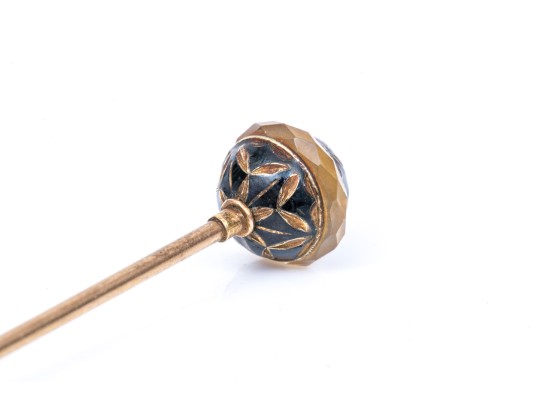 Antique Striking 14k Top Black Enamel, Crystal And Pearl Hat Pin, Gold Filled Stem