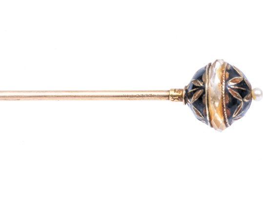 Antique Striking 14k Top Black Enamel, Crystal And Pearl Hat Pin, Gold Filled Stem
