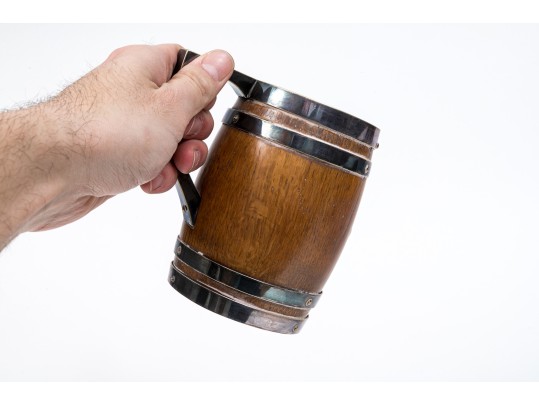 Thomas Harwood & Sons Handsome Oak And Silver Plate Tankard, Pre-1896