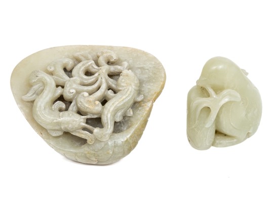 Two Soft Green Carved Serpentine Stones