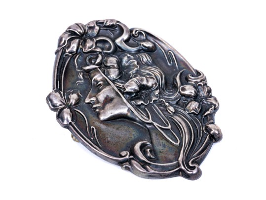 Antique Beautiful Sterling Silver Front Art Nouveau Figural Brooch