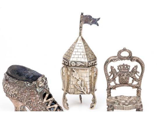 Sterling Miniature Chair, Shoe Pin Cushion And Judaica Spice Box, 2.79 Ozt.