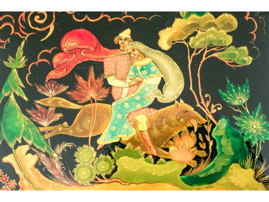 Russian Stunning Folk Art Black Lacquer Box, 