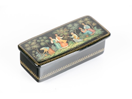 Russian Hand Painted Black Lacquer Box Women Picking Fruit