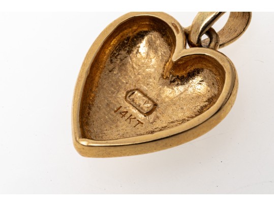 14k Yellow Gold Modish Black, White, Deep Purple And Emerald Green Enamel Heart Pendant