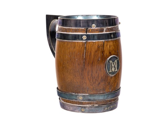 Thomas Harwood & Sons Handsome Oak And Silver Plate Tankard, Pre-1896
