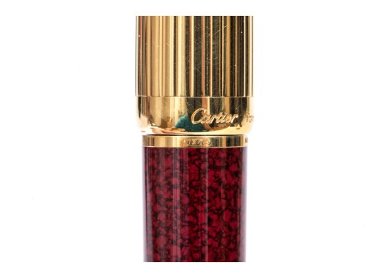 Cartier Iconic Ribbed Marbled Burgundy Composite And Gold Tone Ballpoint Pen