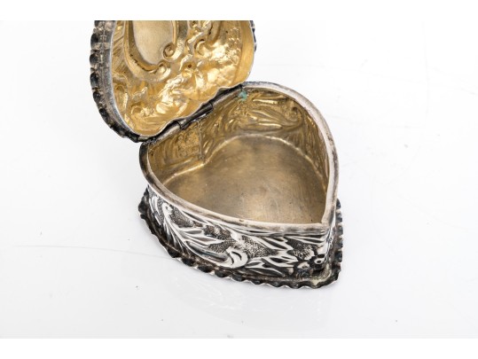 Antique Sterling Silver Beautiful Repousse Hinged Heart Shaped Box, Birmingham, 1898