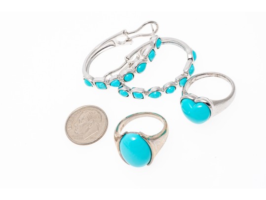 Sterling And Dyed Blue Howlite Earrings And Rings, Size 7