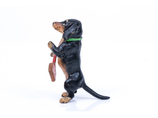 Sweet Diminutive Vintage Austrian Cold Painted Bronze Standing Dachshund With Racquet